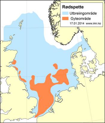 Kart som viser utbredelsen av Rødspette